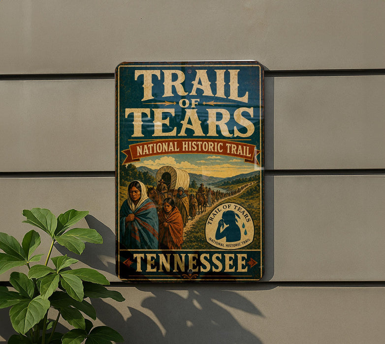 A vintage trail sign for the Trail of Tears, which is a National Historic Trail in Tennessee. The sign features a historical illustration of a group of people traveling on a wagon train.