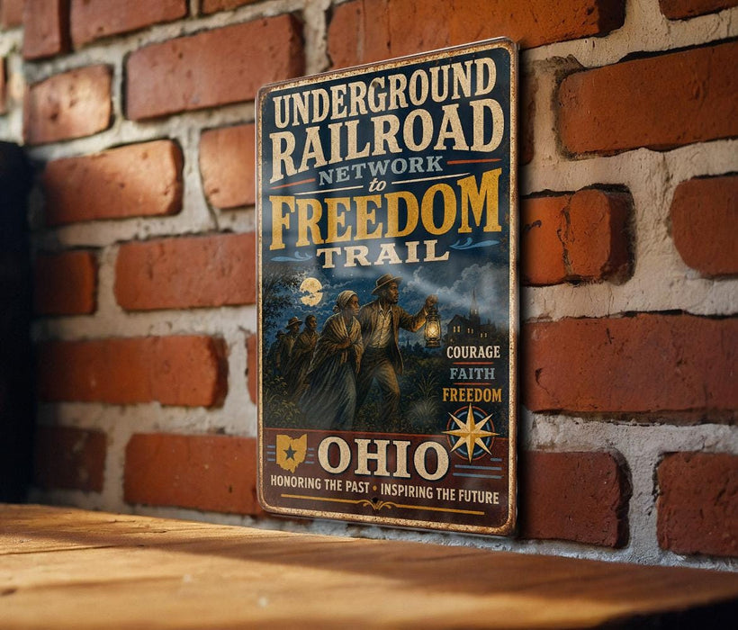 a vintage-style sign with the text "Underground Railroad Network & Freedom Trail" and "OHIO" on it, mounted on a brick wall.