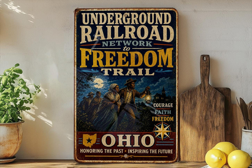 a vintage-style sign with the text "UNDERGROUND RAILROAD NETWORK TO FREEDOM TRAIL" and a depiction of a group of people on a trail. The sign is displayed on a shelf next to a wooden cutting board and a potted plant.