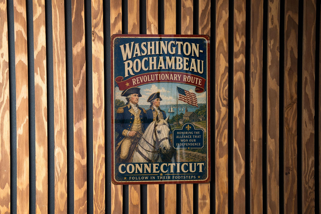 A vintage-style metal sign for the "Washington-Rochambeau Revolutionary Route" in Connecticut, featuring a man in military uniform and a horse, mounted on a wooden wall.