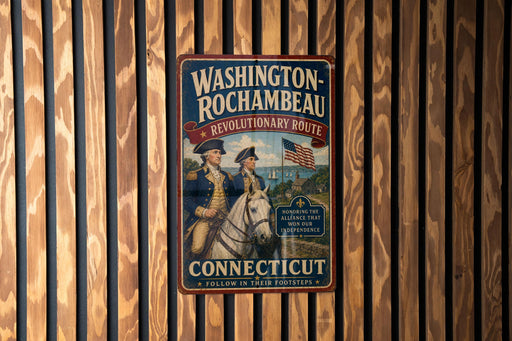 A vintage-style metal sign for the "Washington-Rochambeau Revolutionary Route" in Connecticut, featuring a man in military uniform and a horse, mounted on a wooden wall.