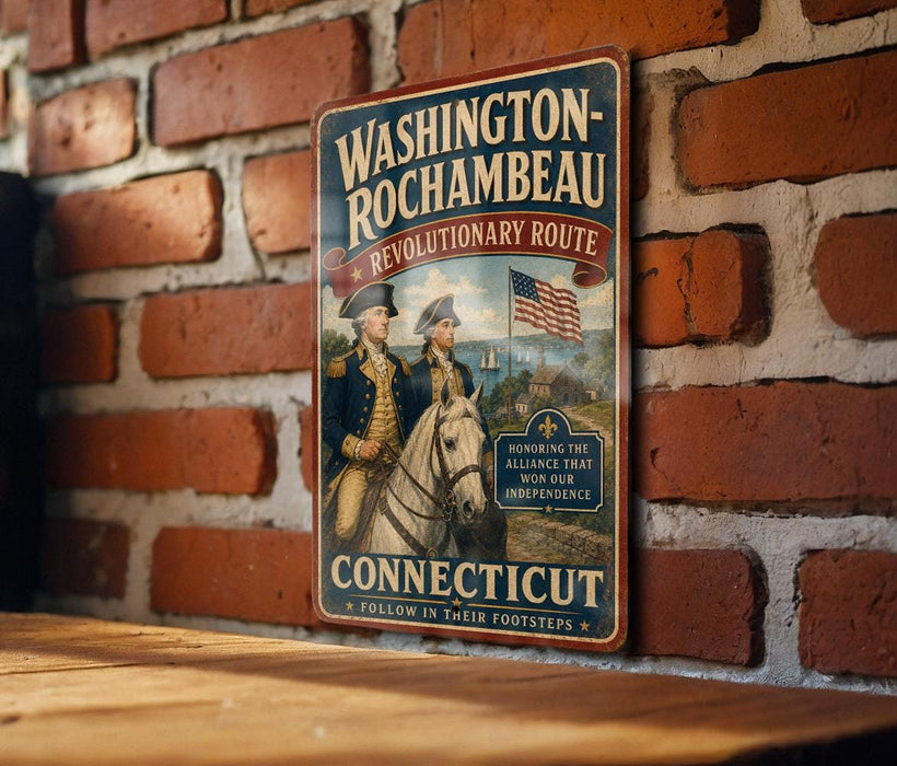 A vintage-style metal sign with the text "Washington-Rochambeau Revolutionary Route" and an illustration of two men on horseback, mounted on a brick wall.