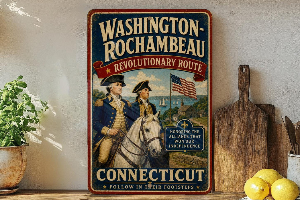 A vintage-style sign for the Revolutionary Route in Washington, Rhode Island, featuring two men in military uniforms and an American flag, with the text "Connecticut" and "Following in their footsteps" below.