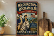 A vintage-style sign for the Revolutionary Route in Washington, Rhode Island, featuring two men in military uniforms and an American flag, with the text "Connecticut" and "Following in their footsteps" below.