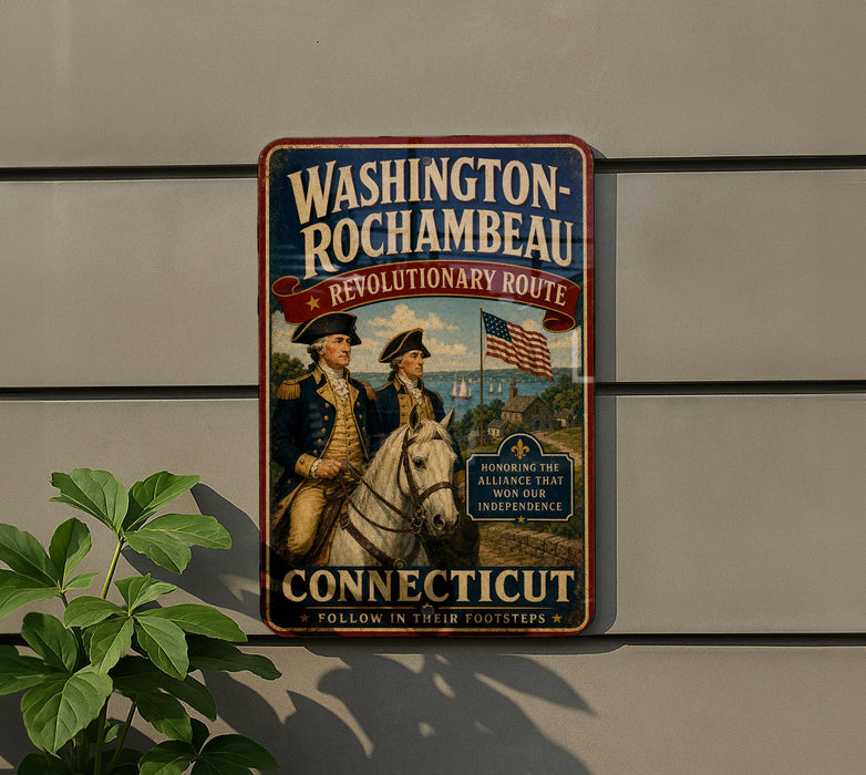 A vintage-style sign for the Washington-Rochambeau Revolutionary Route in Connecticut, featuring a man in military uniform and a horse, mounted on a wall.