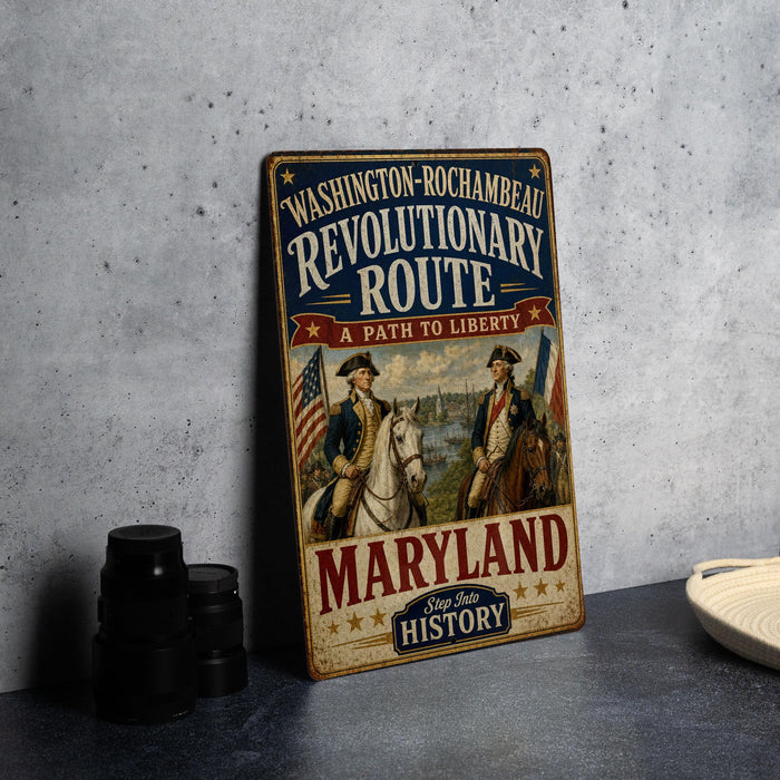 A vintage-style metal sign with the text "WASHINGTON-ROCCHAMBEAU REVOLUTIONARY ROUTE A PATH TO LIBERTY" and "MARYLAND" on it, along with images of two men on horseback. The sign is placed on a gray countertop next to some black camera lenses.