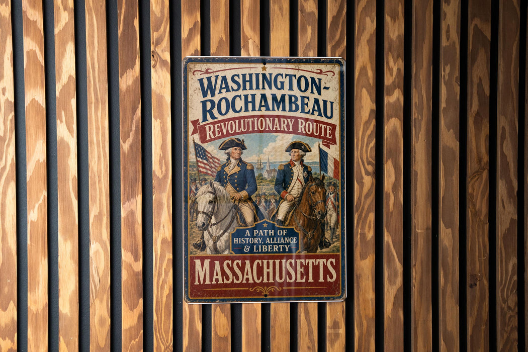 A vintage-style metal sign with the text "Washington-Rochambeau Revolutionary Route" and "A Path of History, Alliance & Liberty" is displayed on a wooden wall.