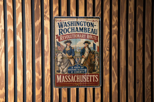 A vintage-style metal sign with the text "Washington-Rochambeau Revolutionary Route" and "A Path of History, Alliance & Liberty" is displayed on a wooden wall.