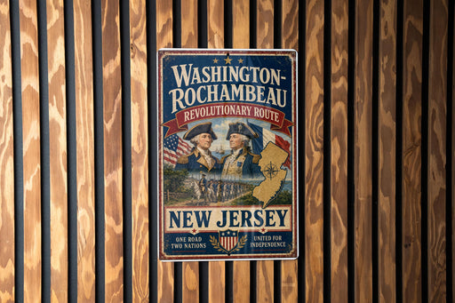 A vintage-style metal sign for Washington-Rochambeau Revolutionary Route, featuring two men in historical uniforms and an American flag, mounted on a wooden wall.