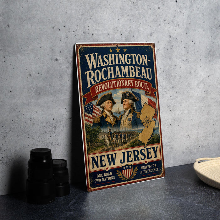 A vintage-style poster advertising the Revolutionary Route to Washington, Rhode Island, featuring two men in historical attire and an American flag.