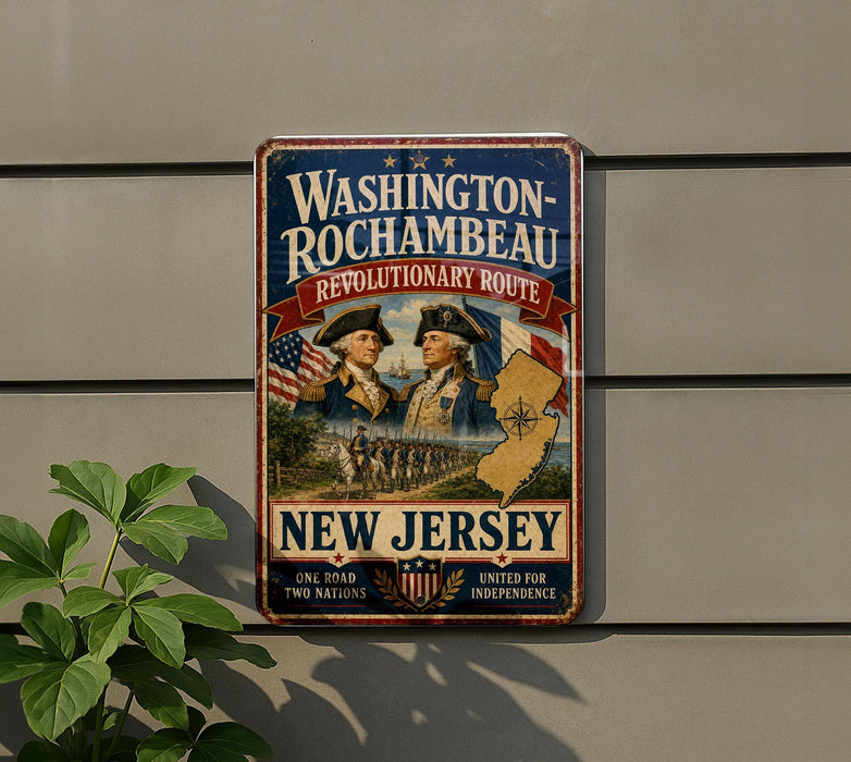 A vintage-style metal sign with the text "Washington-Rochambeau Revolutionary Route New Jersey" and an illustration of two men in military uniforms, likely representing the Revolutionary Route in New Jersey.