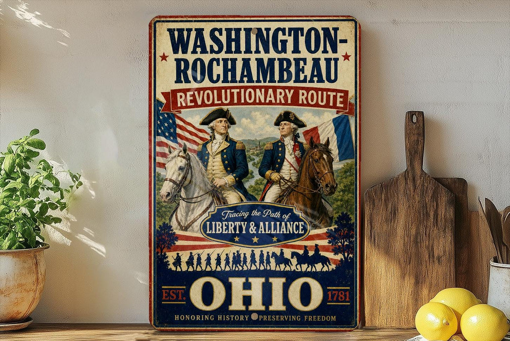A vintage-style sign for Washington-Rochambeau Revolutionary Route, featuring two men in military uniforms and an American flag, with the text "Honoring the Path of Liberty & Alliance" and "Est. 1881" below.