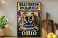 A vintage-style sign for Washington-Rochambeau Revolutionary Route, featuring two men in military uniforms and an American flag, with the text "Honoring the Path of Liberty & Alliance" and "Est. 1881" below.