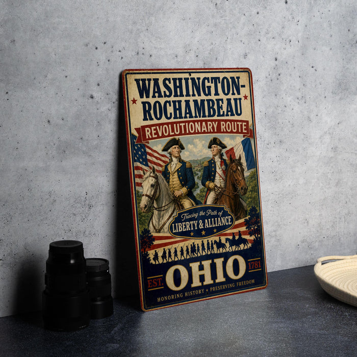 A vintage-style metal sign for Washington-Rochambeau, featuring an illustration of two men in military uniforms and an American flag, along with the text "Revolutary Route" and "Honoring the Path of LIBERTY & ALLIANCE".