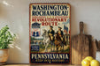 A vintage-style sign for Washington-Rochambeau Revolutionary Route in Pennsylvania, featuring a painting of two men on horseback and the text "The Alliance that Won Our Freedom" and "Pennsylvania Step into History".