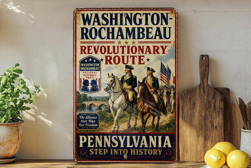 A vintage-style sign for Washington-Rochambeau Revolutionary Route in Pennsylvania, featuring a painting of two men on horseback and the text "The Alliance that Won Our Freedom" and "Pennsylvania Step into History".