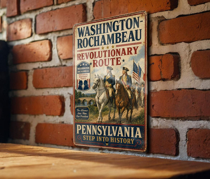 A vintage-style metal sign with the text "WASHINGTON-ROCCHAMBEAU REVOLUTIONARY ROUTE" and images of two men on horseback, mounted on a brick wall.