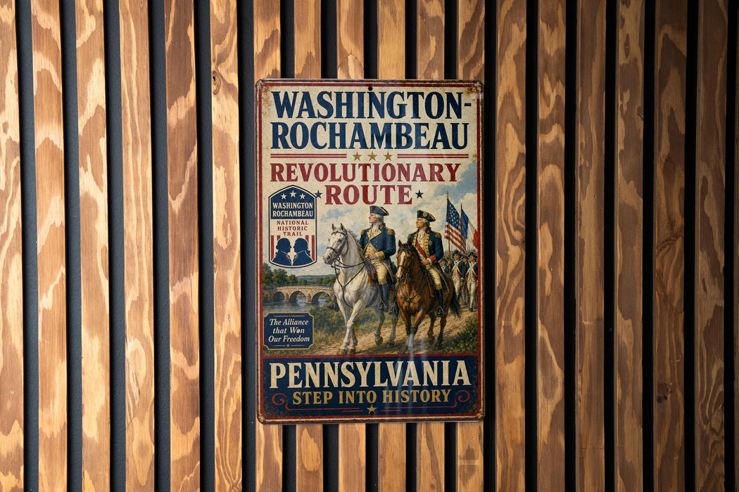 A vintage-style metal sign with the text "WASHINGTON-ROCCHAMBEAU REVOLUTIONARY ROUTE" and "PENNSYLVANIA STEP INTO HISTORY" is displayed on a wooden wall.