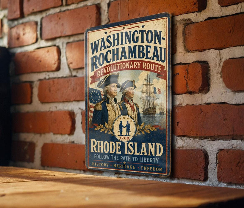 A vintage-style metal sign with the text "WASHINGTON-ROCKAMBEAU REVOLUTIONARY ROUTE" and "RHODE ISLAND" is displayed on a brick wall.