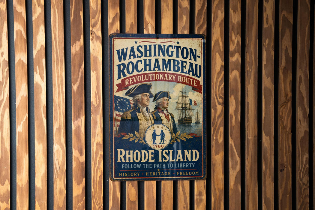 A vintage-style metal sign with the text "WASHINGTON-ROCCHAMBEAU REVOLUTIONARY ROUTE" and "RHODE ISLAND" is displayed on a wooden wall.