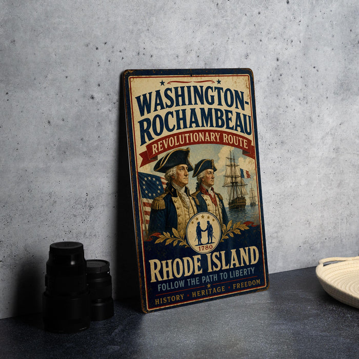 A vintage-style metal sign for Washington-Rochambeau Revolutionary Route, featuring two men in military uniforms and an American flag, is displayed on a gray countertop.