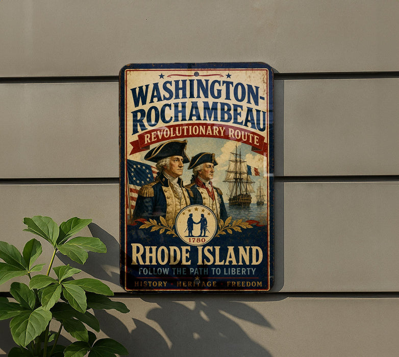 A vintage-style metal sign with the text "WASHINGTON-ROCCHAMBEAU REVOLUTIONARY ROUTE" and "RHODE ISLAND" is displayed on a wall, with a plant in the foreground.