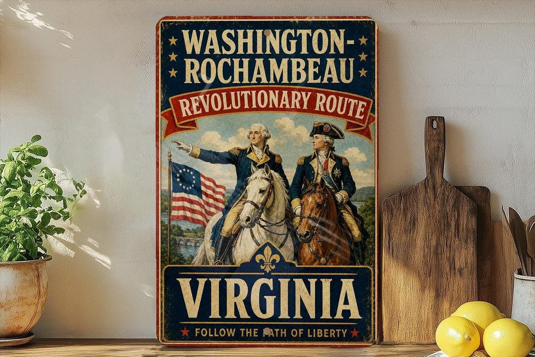 A vintage-style sign for the Washington-Rochambeau Revolutionary Route in Virginia, featuring two men on horseback with an American flag.