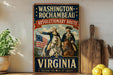 A vintage-style sign for the Washington-Rochambeau Revolutionary Route in Virginia, featuring two men on horseback with an American flag.