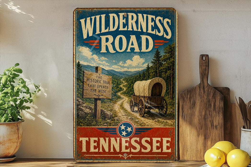 A vintage-style sign for the Wilderness Road in Tennessee, featuring a wagon on a dirt road surrounded by trees and mountains.
