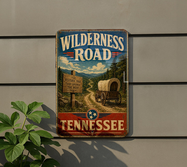 A vintage-style metal sign for the Wilderness Road in Tennessee, featuring a wagon on a dirt road surrounded by trees and mountains.