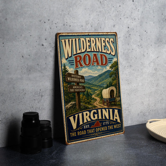 A vintage-style metal sign for Wilderness Road in Virginia, featuring a wagon on a trail and a scenic mountain landscape.