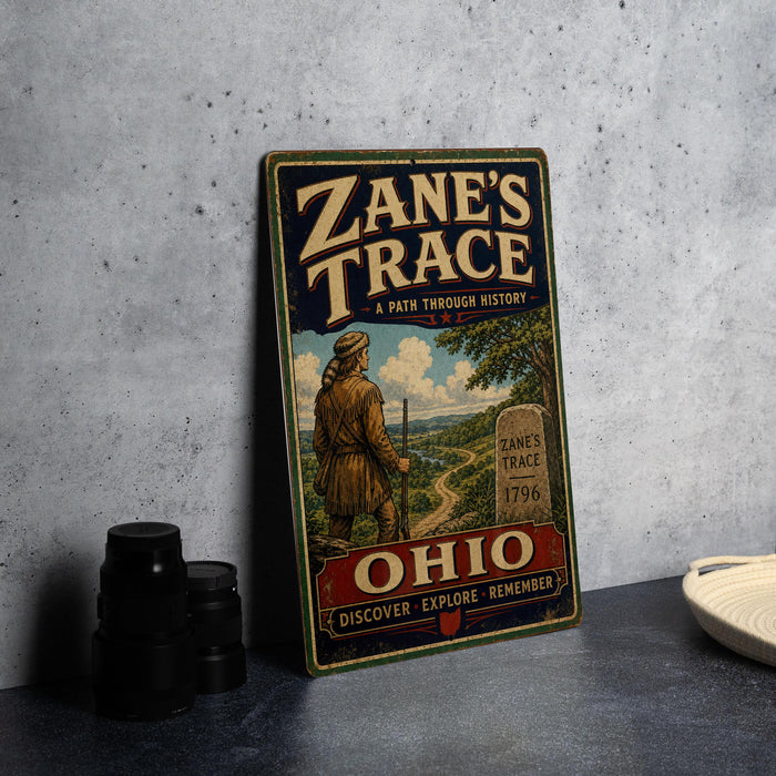 A vintage metal sign for "Zane's Trace" with a man in a hat and coat, standing on a concrete surface next to a stack of black camera lenses.