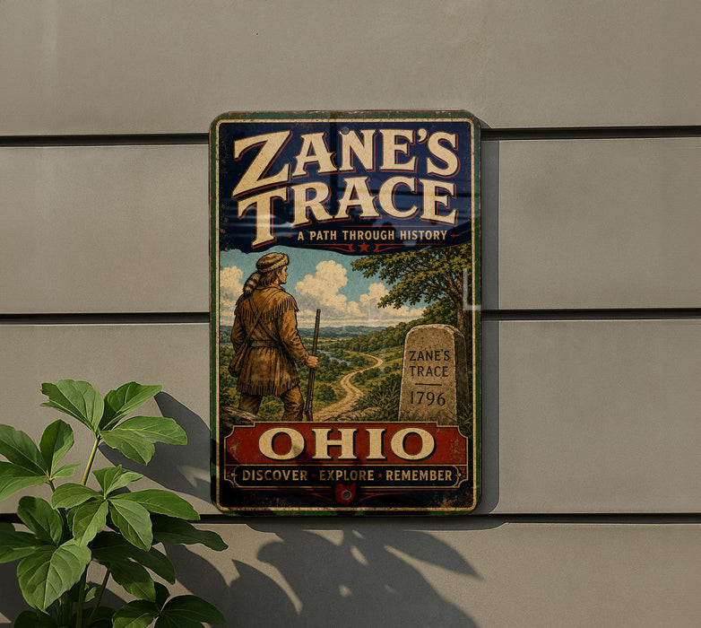 A vintage metal sign for "Zane's Trace" is displayed on a wall, featuring a man walking along a path through a scenic landscape.