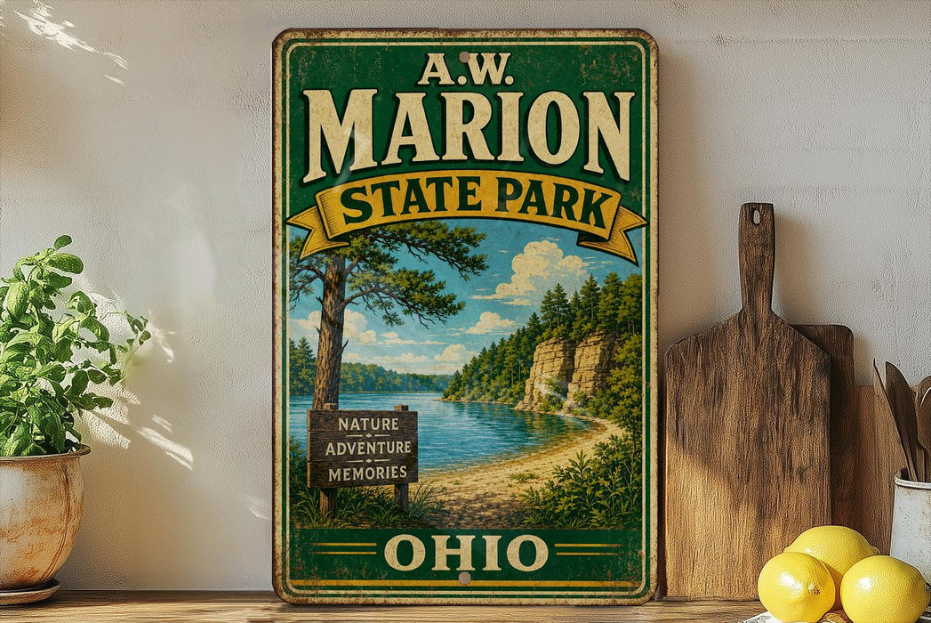 A vintage-style sign for A.W. Marion State Park in Ohio, featuring a scenic landscape with a lake and forest.