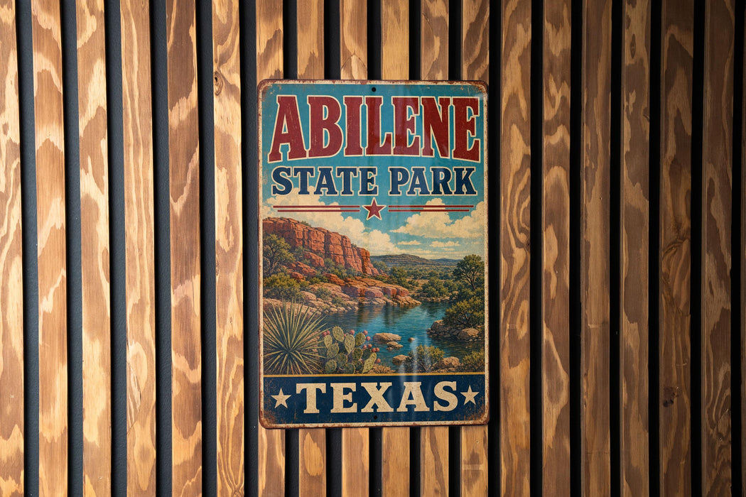 A vintage metal sign for Abilene State Park in Texas, featuring a scenic landscape with mountains, water, and desert vegetation.