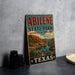 A vintage-style sign for Abilene State Park in Texas, featuring a scenic landscape with a river and mountains.