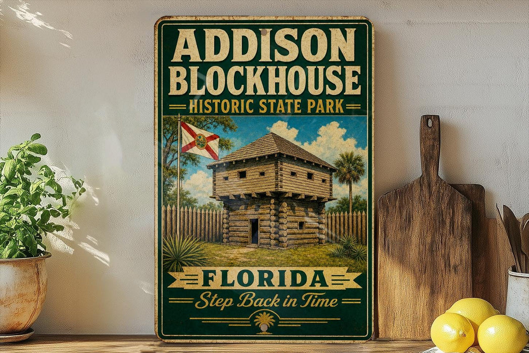 A vintage-style sign for Addison Blockhouse Historic State Park in Florida, featuring a wooden cabin surrounded by palm trees and a flag.