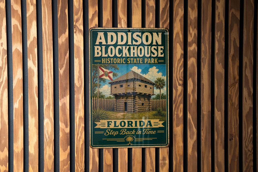 A vintage-style metal sign for Addison Blockhouse Historic State Park in Florida, featuring a wooden cabin and palm trees.