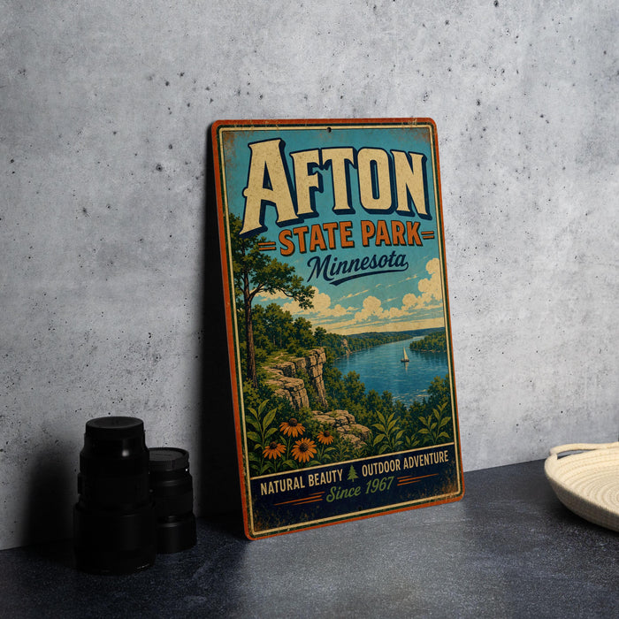 A vintage-style sign for Afton State Park in Minnesota, featuring a scenic landscape with a lake, mountains, and a sailboat.