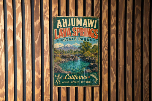 A vintage-style sign for AHJUMAWI LAVA SPRINGS, a state park in California, featuring a scenic landscape with a lake and mountains.
