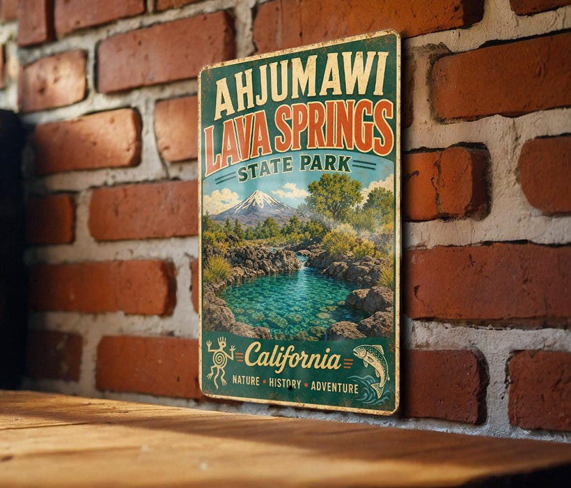 A vintage-style metal sign forAHJUMWI LAVA SPRINGS, a state park in California, featuring a scenic landscape with a mountain, a lake, and lush vegetation.