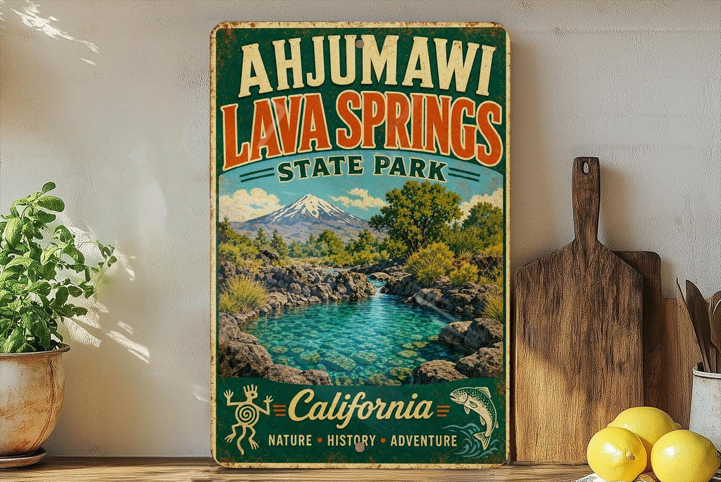 A vintage-style sign for Ahjumawi Lava Springs State Park in California, featuring a scenic image of the park's natural landscape and a mountain backdrop.