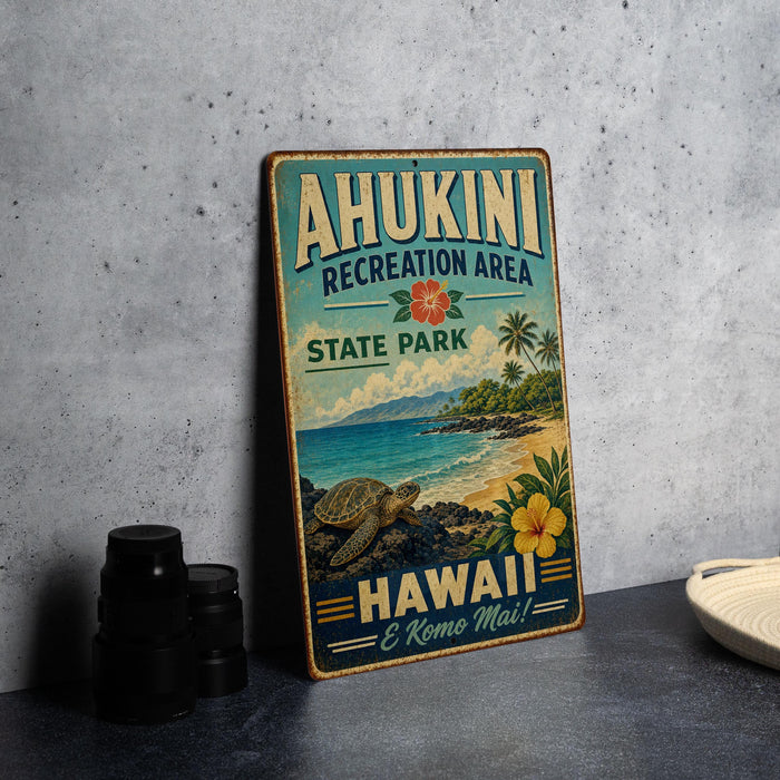 A vintage-style sign for the Ahukini Recreation Area in Hawaii, featuring a tropical beach scene with a turtle and palm trees.