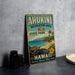 A vintage-style sign for the Ahukini Recreation Area in Hawaii, featuring a tropical beach scene with a turtle and palm trees.