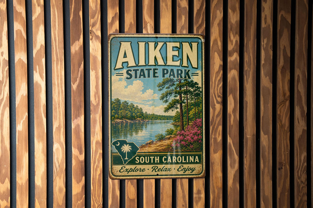 A vintage metal sign for Aiken State Park, featuring a scenic landscape with a lake, trees, and a person walking along the shore.