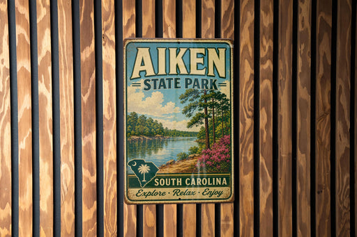 A vintage metal sign for Aiken State Park, featuring a scenic landscape with a lake, trees, and a person walking along the shore.