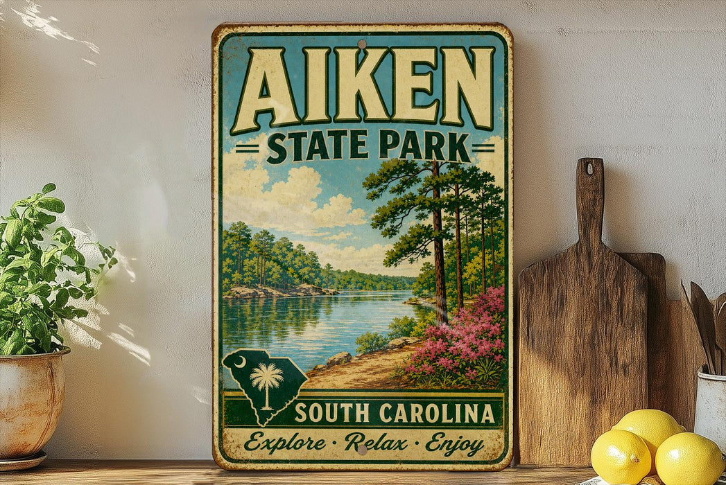 a vintage-style sign for Aiken State Park, with a scenic landscape depicting a lake, trees, and mountains. The sign is displayed on a shelf next to a wooden cutting board and some potted plants.