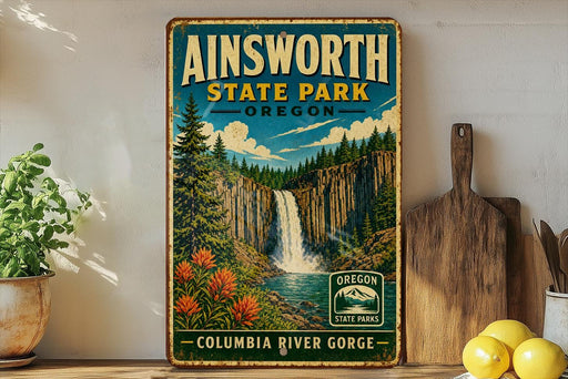 a vintage-style sign for Ainsworth State Park in Oregon, depicting a waterfall surrounded by lush greenery and colorful flowers.