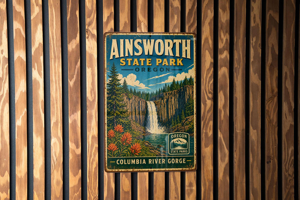 A vintage metal sign for Ainsworth State Park in Oregon, featuring a waterfall and forest scenery.