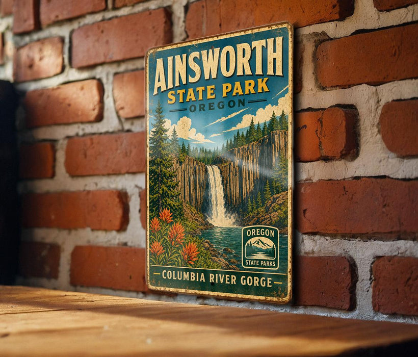 A vintage-style metal sign for Ainsworth State Park in Oregon, featuring a waterfall and forest landscape.